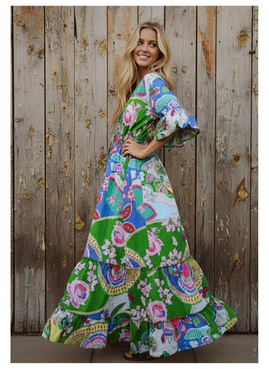 Indische Baumwolle Israel Print Maxikleid Strandüberwurf Sommer Grün Hippie Partykleid