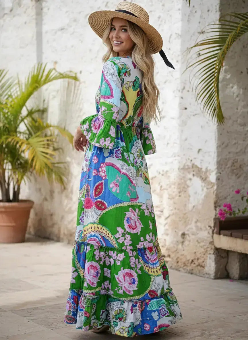 Indian Cotton Israel Print Maxi beach Cover up Summer Green Hippie Party Wear Dress Handicraft Trend