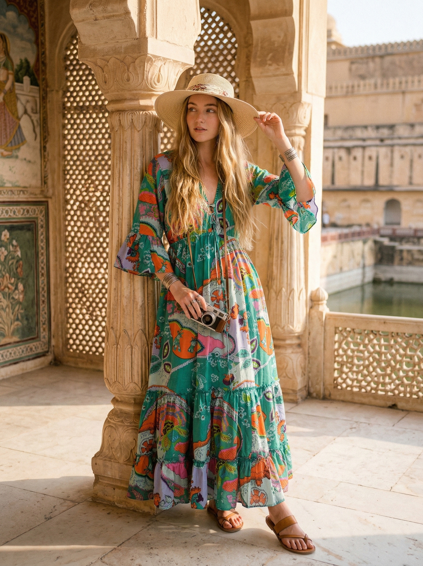 Indian Cotton Israel Print Maxi beach Cover up Rama Green Hippie Summer Party Wear Dress
