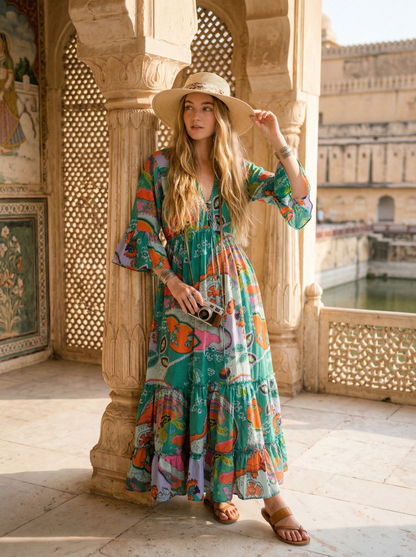Indian Cotton Israel Print Maxi beach Cover up Rama Green Hippie Summer Party Wear Dress