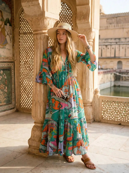 Indian Cotton Israel Print Maxi beach Cover up Rama Green Hippie Summer Party Wear Dress Handicraft Trend