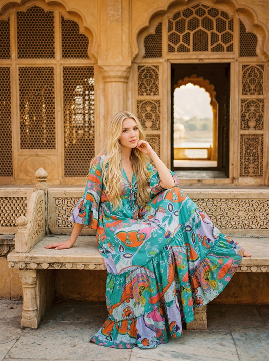 Indian Cotton Israel Print Maxi beach Cover up Rama Green Hippie Summer Party Wear Dress