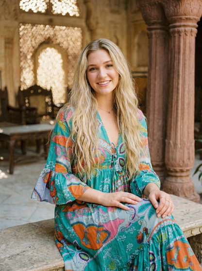 Indian Cotton Israel Print Maxi beach Cover up Rama Green Hippie Summer Party Wear Dress