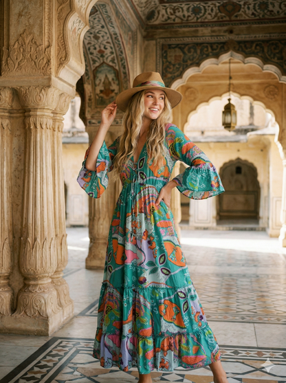 Indian Cotton Israel Print Maxi beach Cover up Rama Green Hippie Summer Party Wear Dress