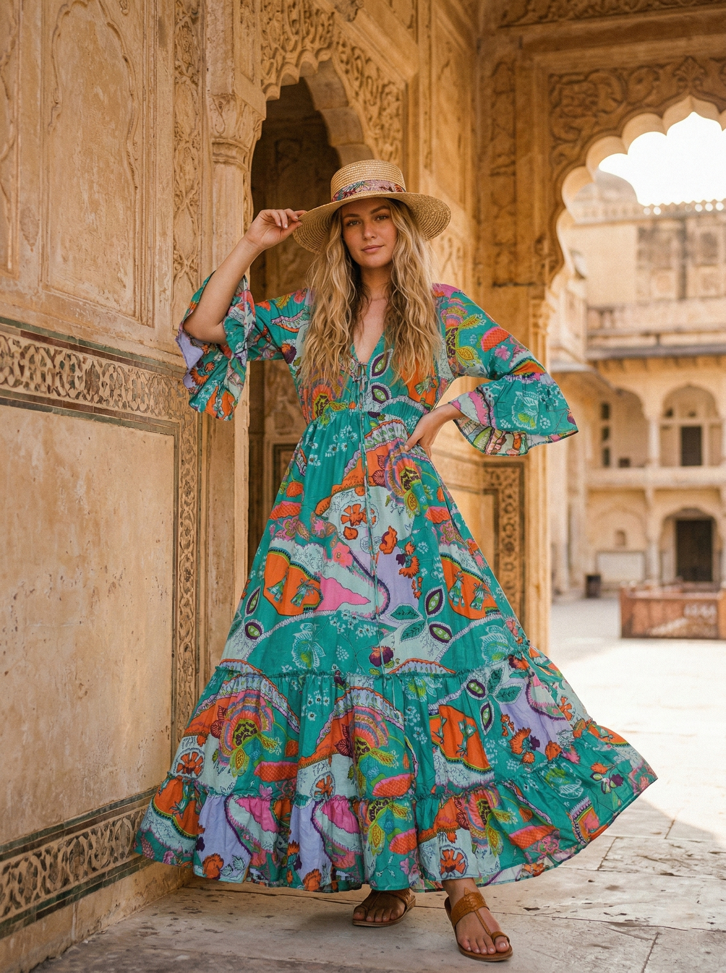Indian Cotton Israel Print Maxi beach Cover up Rama Green Hippie Summer Party Wear Dress