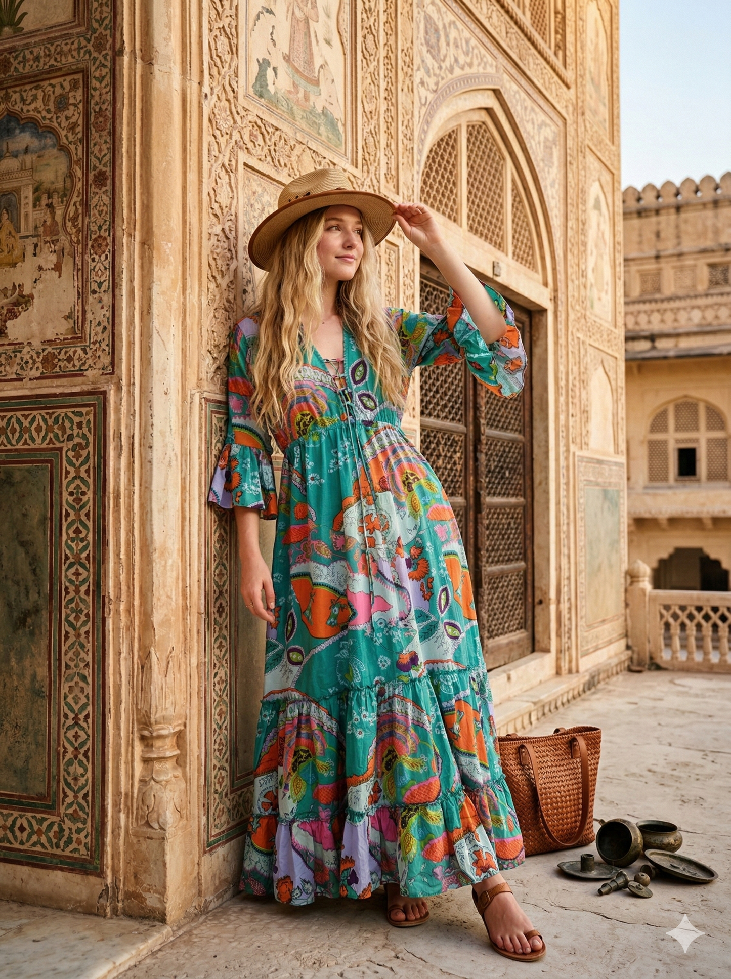 Indian Cotton Israel Print Maxi beach Cover up Rama Green Hippie Summer Party Wear Dress