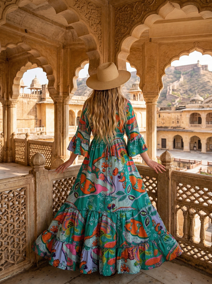 Indian Cotton Israel Print Maxi beach Cover up Rama Green Hippie Summer Party Wear Dress