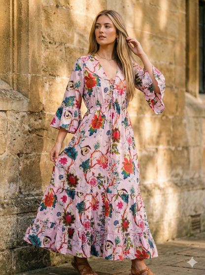 Woman wearing a floral dress standing against a stone wall.