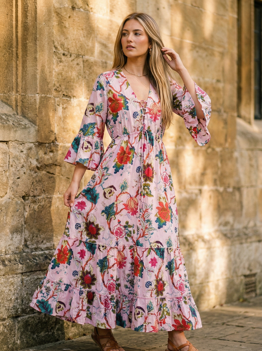Indian Cotton Floral Print beach Cover up Pink Blouson Summer Party Wear Dress