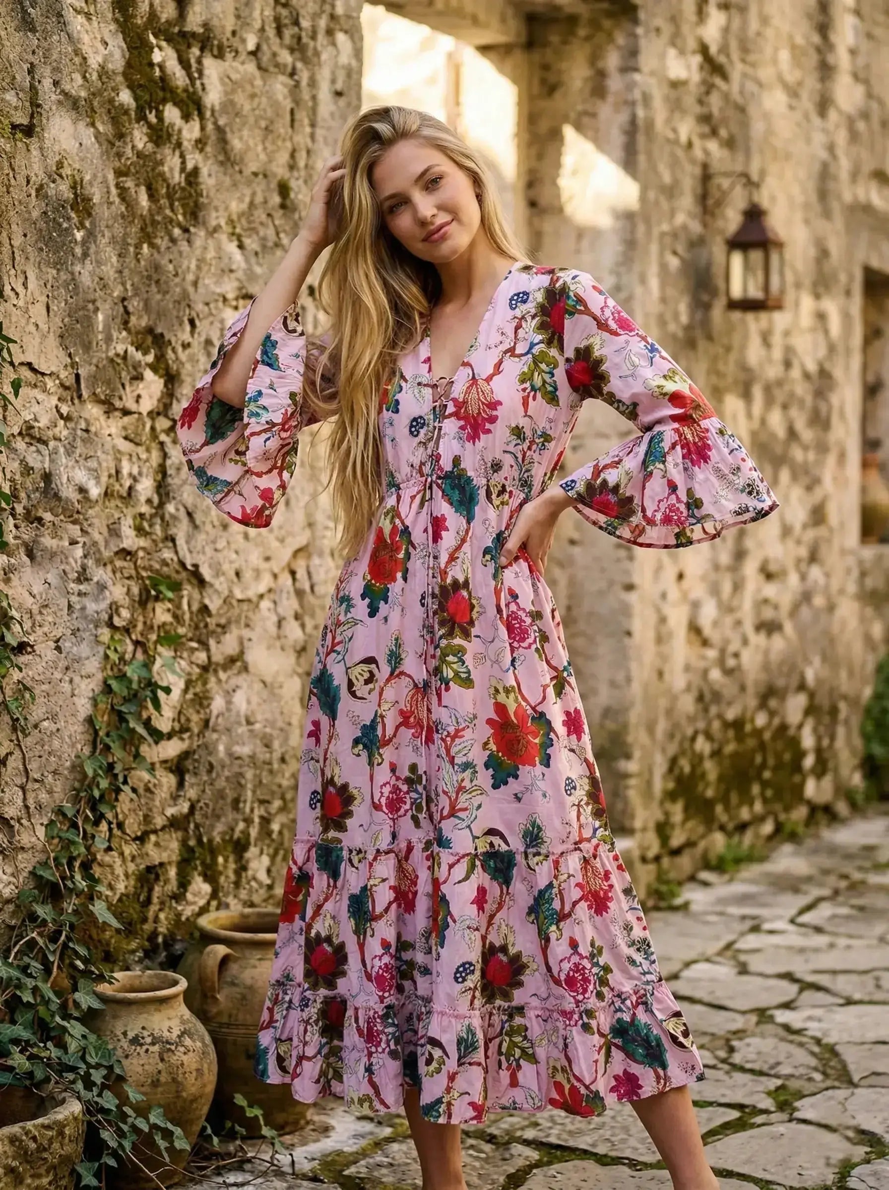 Indian Cotton Floral Print beach Cover up Pink Blouson Summer Party Wear Dress Handicraft Trend