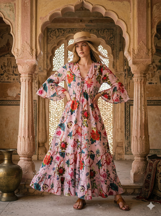 Woman in a floral dress standing in an ornate architectural setting