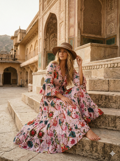 Indian Cotton Floral Print beach Cover up Pink Blouson Summer Party Wear Dress