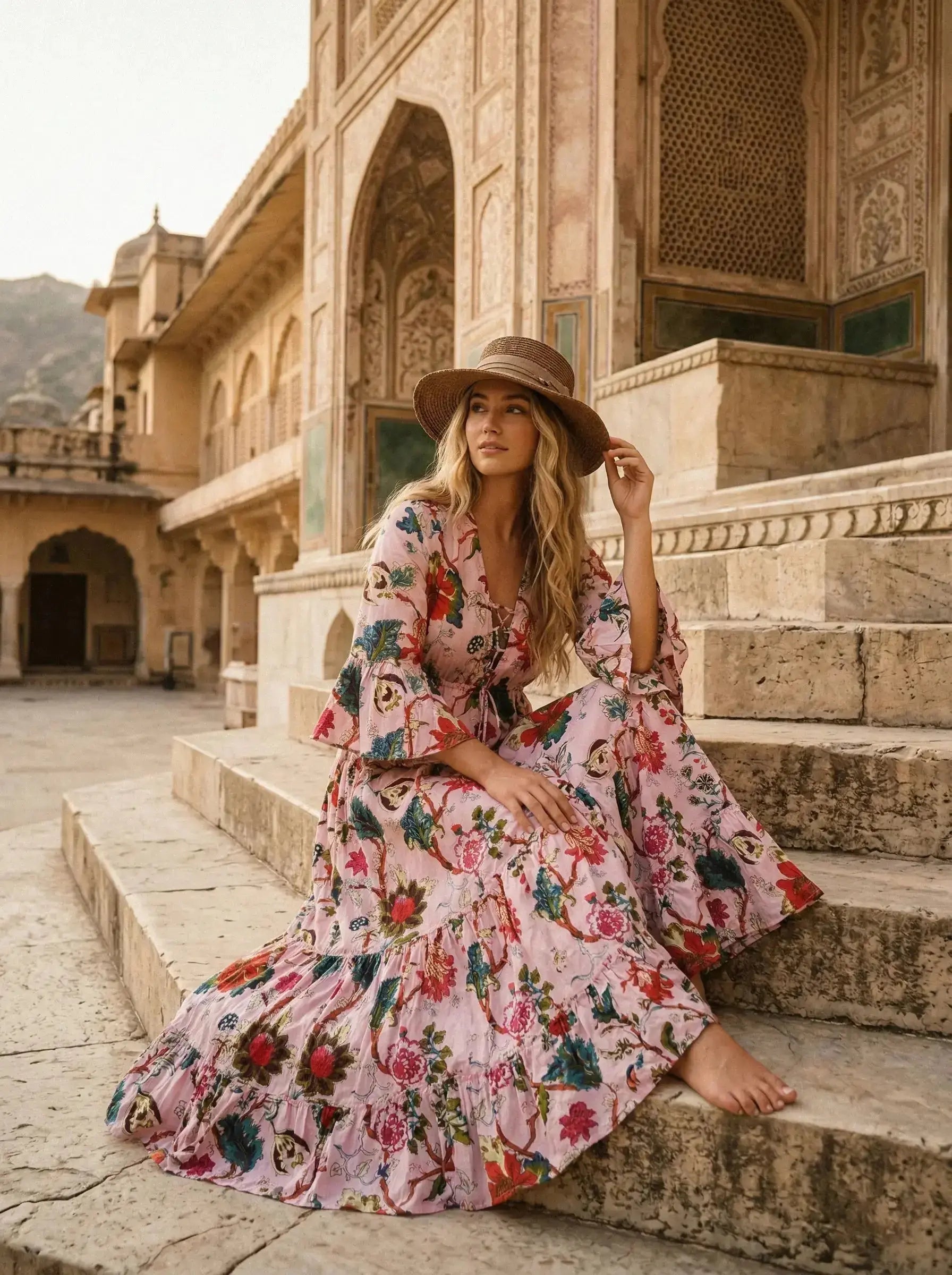 Indian Cotton Floral Print beach Cover up Pink Blouson Summer Party Wear Dress Handicraft Trend