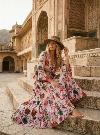 Indian Cotton Floral Print beach Cover up Pink Blouson Summer Party Wear Dress Handicraft Trend