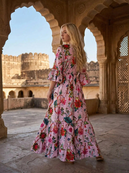 Indian Cotton Floral Print beach Cover up Pink Blouson Summer Party Wear Dress Handicraft Trend