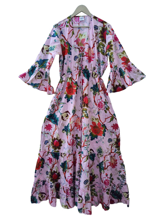 Indian Cotton Floral Print beach Cover up Pink Blouson Summer Party Wear Dress