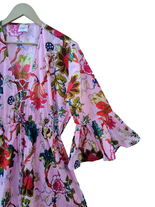 Indian Cotton Floral Print beach Cover up Pink Blouson Summer Party Wear Dress