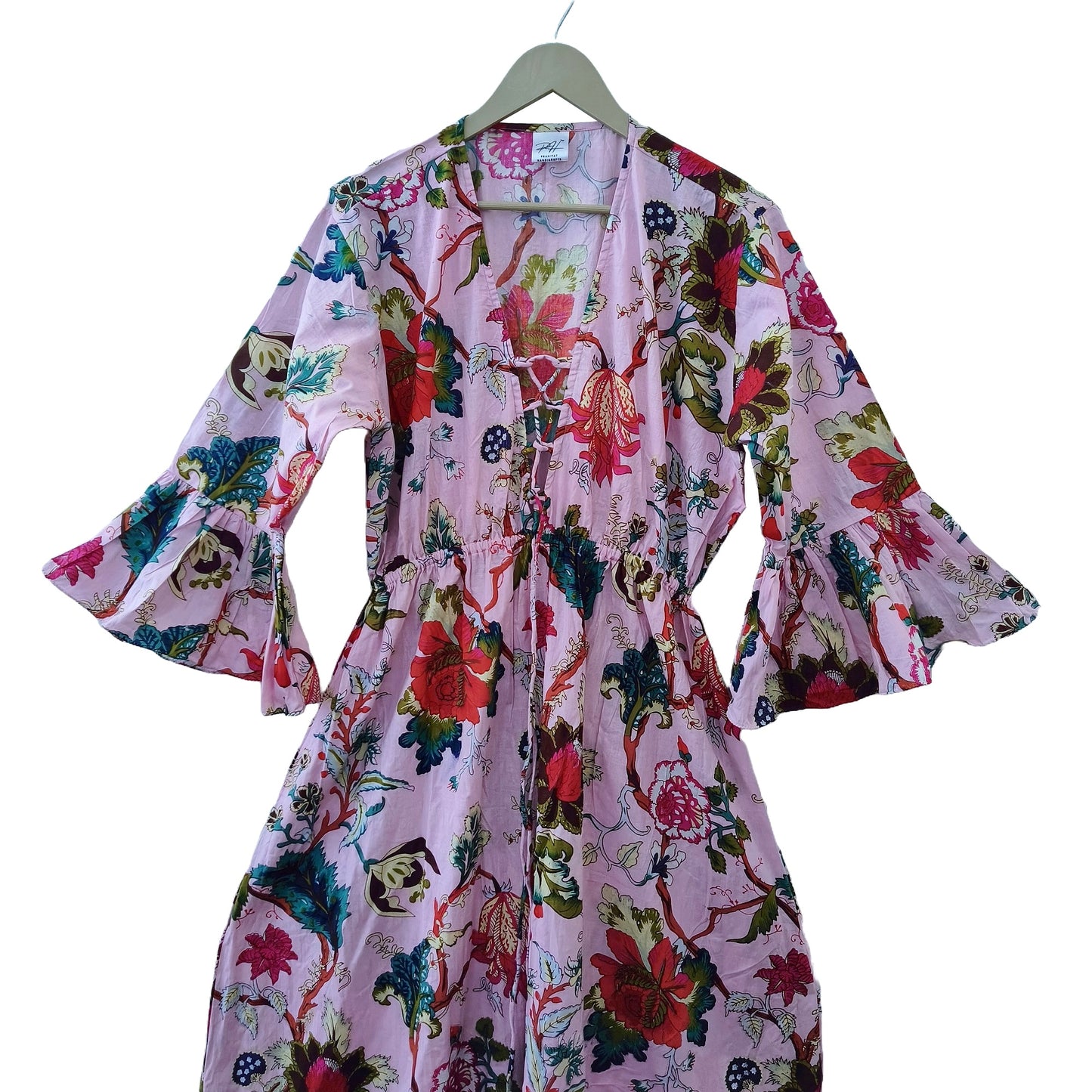 Indian Cotton Floral Print beach Cover up Pink Blouson Summer Party Wear Dress