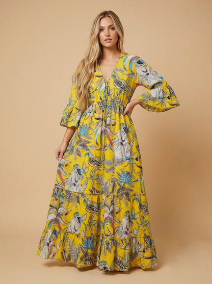 Women Cotton Monkey Print Bell Sleeve Yellow Summer Lightweight Beach wear Party Dress