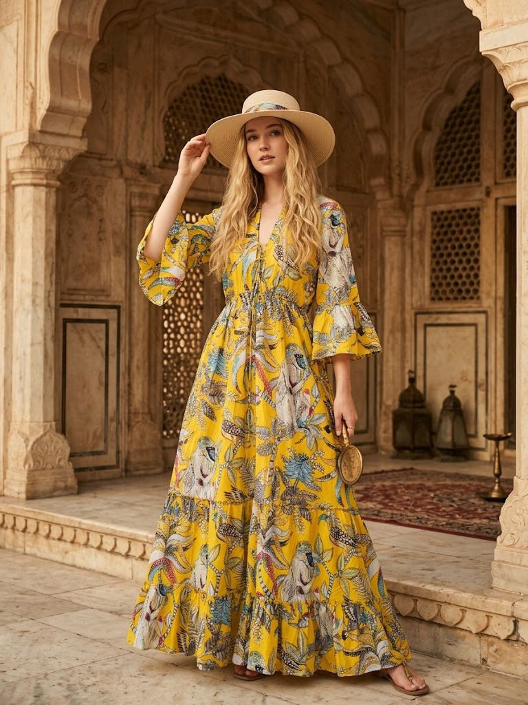 Women Cotton Monkey Print Bell Sleeve Yellow Summer Lightweight Beach wear Party Dress