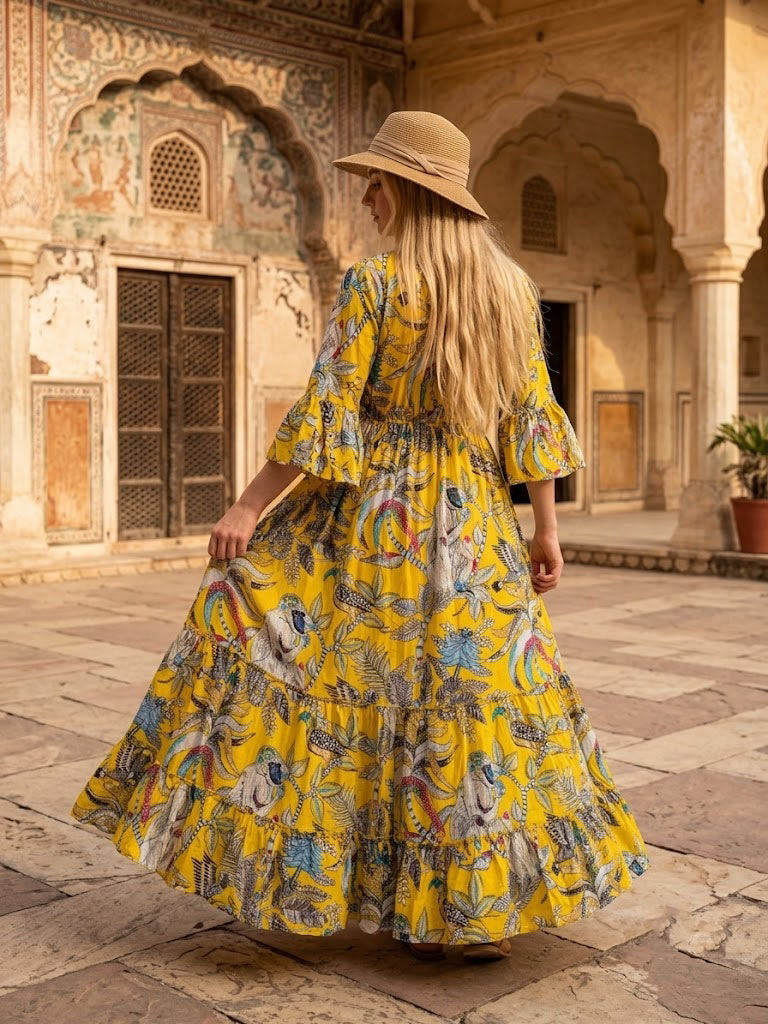 Women Cotton Monkey Print Bell Sleeve Yellow Summer Lightweight Beach wear Party Dress