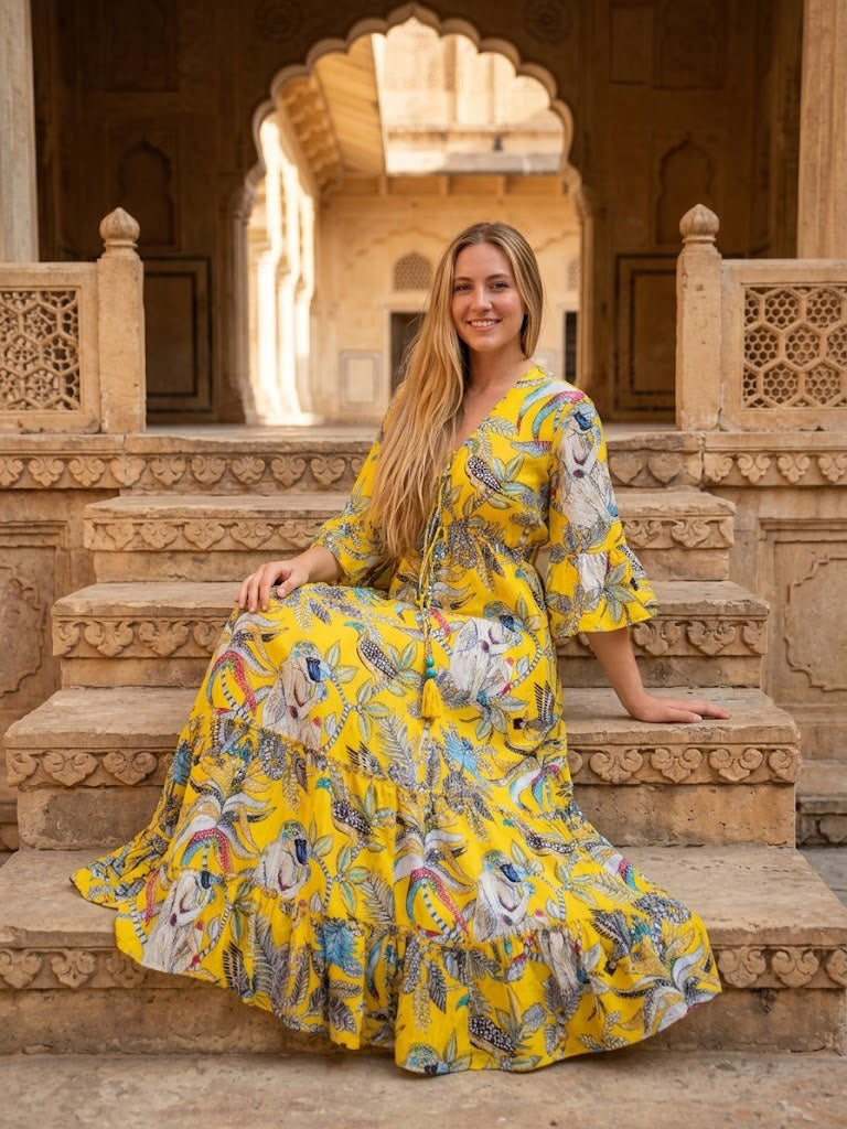 Women Cotton Monkey Print Bell Sleeve Yellow Summer Lightweight Beach wear Party Dress