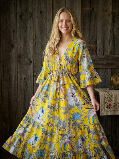Women Cotton Monkey Print Bell Sleeve Yellow Summer Lightweight Beach wear Party Dress