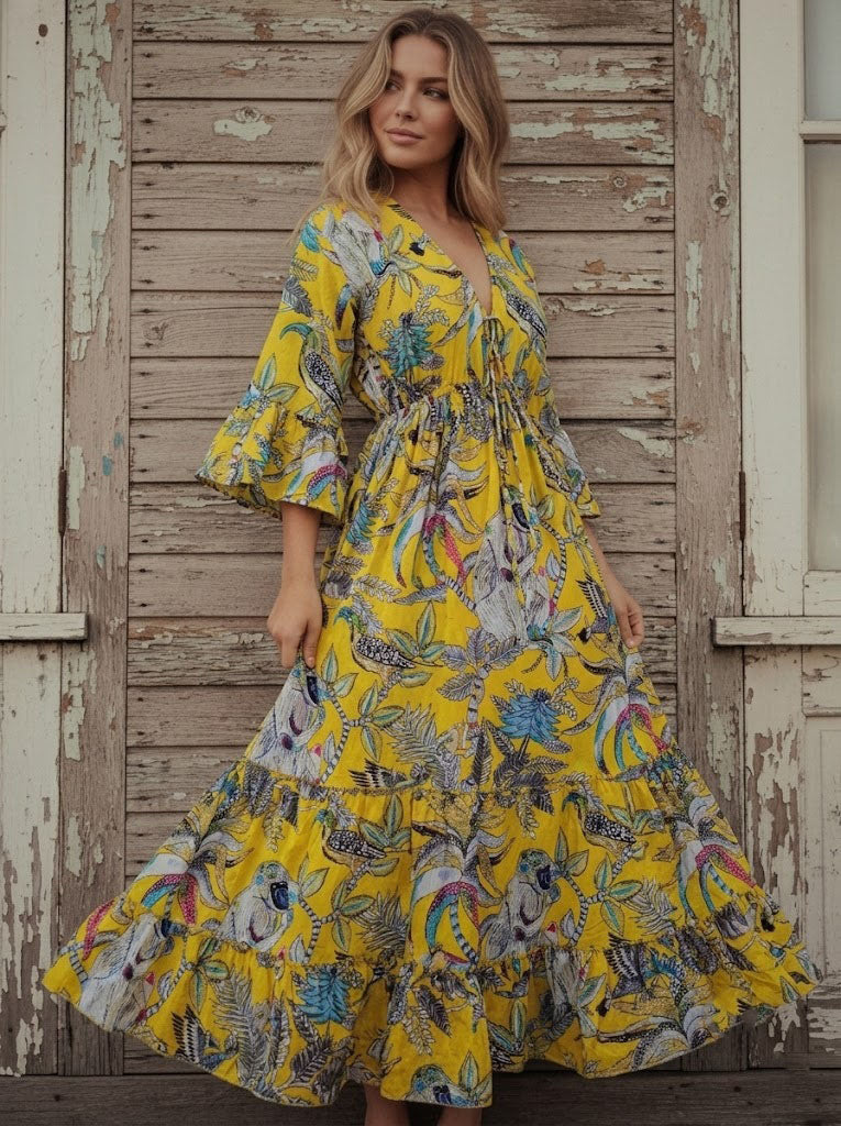 Women Cotton Monkey Print Bell Sleeve Yellow Summer Lightweight Beach wear Party Dress