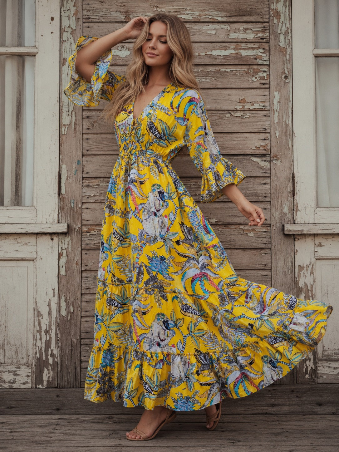 Women Cotton Monkey Print Bell Sleeve Yellow Summer Lightweight Beach wear Party Dress