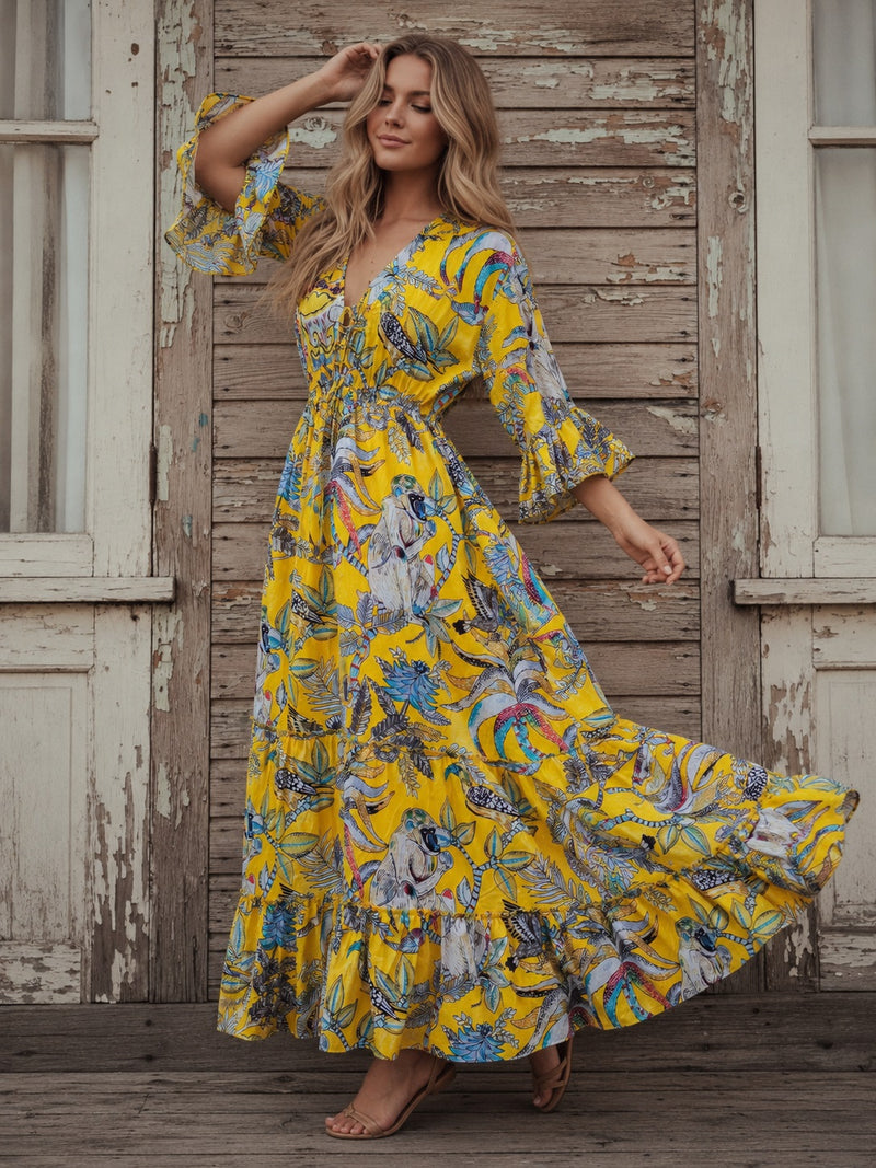 Women Cotton Monkey Print Bell Sleeve Yellow Summer Lightweight Beach wear Party Dress