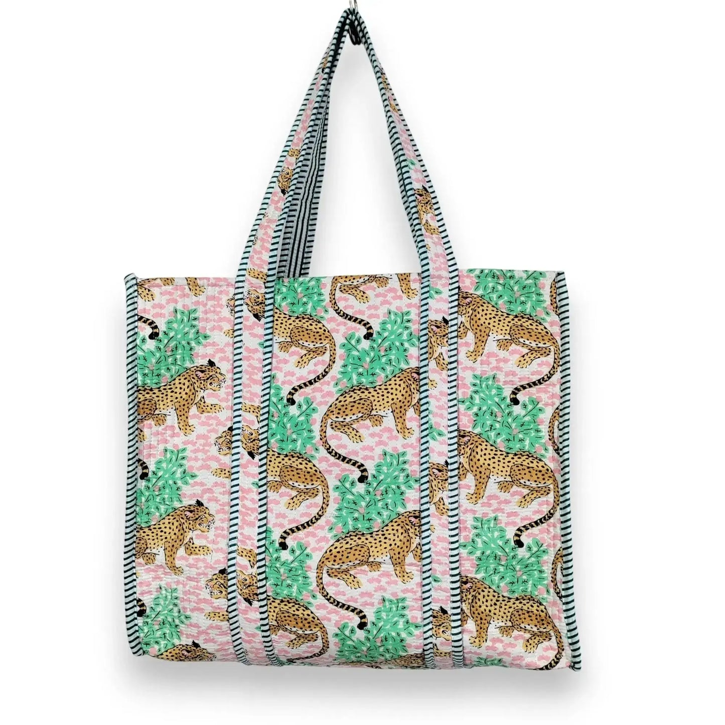 Women Cotton Baagh Tiger Printed Shopping Grocery & Beach Quilted Bag Shoulder Travel Tote Bag Gift for Her - Handicraft Trend