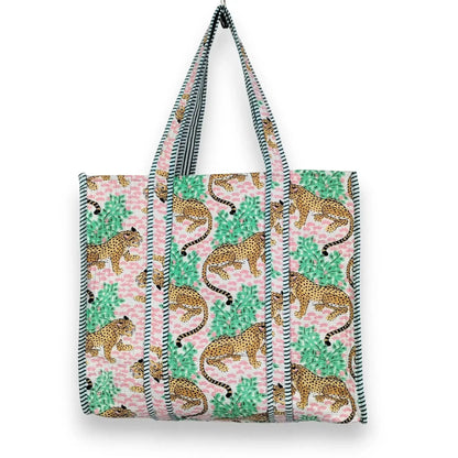Women Cotton Baagh Tiger Printed Shopping Grocery & Beach Quilted Bag Shoulder Travel Tote Bag Gift for Her - Handicraft Trend