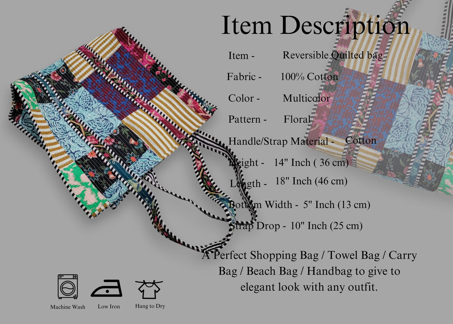 Women Cotton White Multi Beach Quilted Bag Shoulder Travel Tote Bag