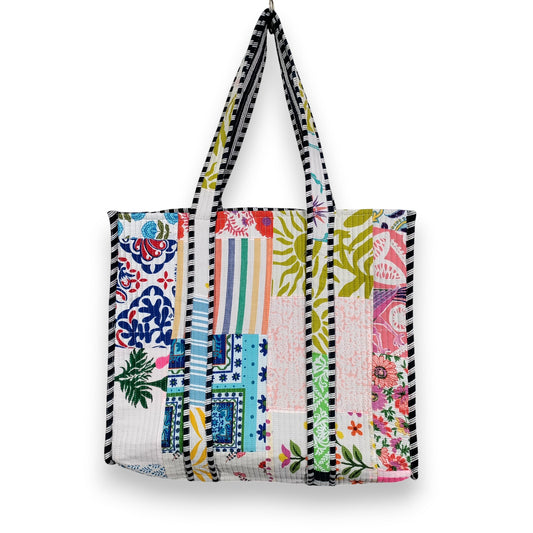 Women Cotton White Multi Beach Quilted Bag Shoulder Travel Tote Bag