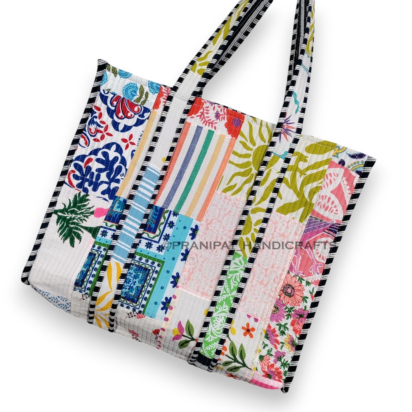 Women Cotton White Multi Beach Quilted Bag Shoulder Travel Tote Bag