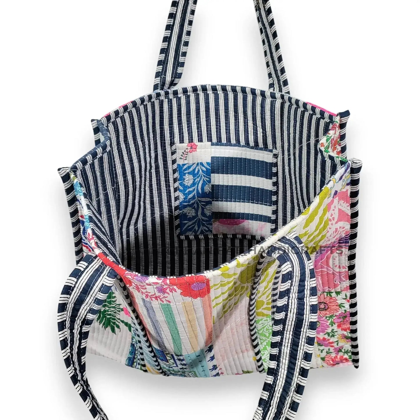 Women Cotton White Multi Beach Quilted Bag Shoulder Travel Tote Bag - Handicraft Trend