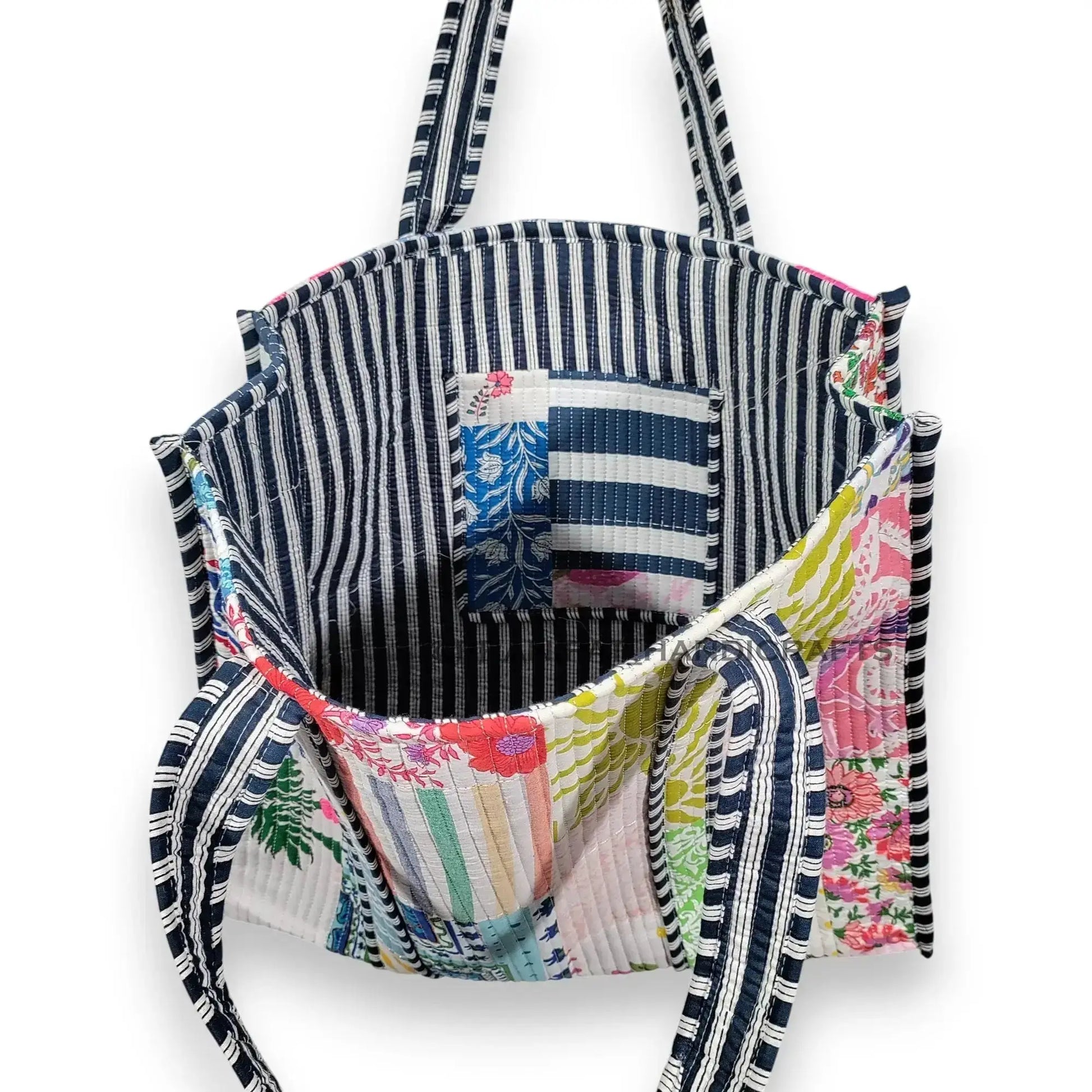 Women Cotton White Multi Beach Quilted Bag Shoulder Travel Tote Bag - Handicraft Trend