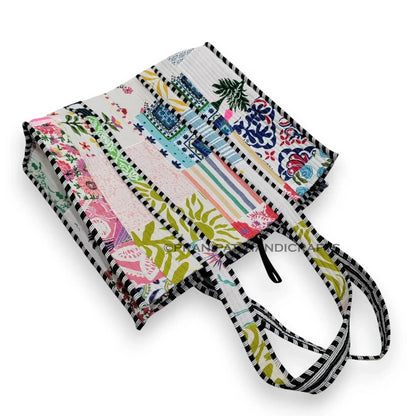 Women Cotton White Multi Beach Quilted Bag Shoulder Travel Tote Bag - Handicraft Trend