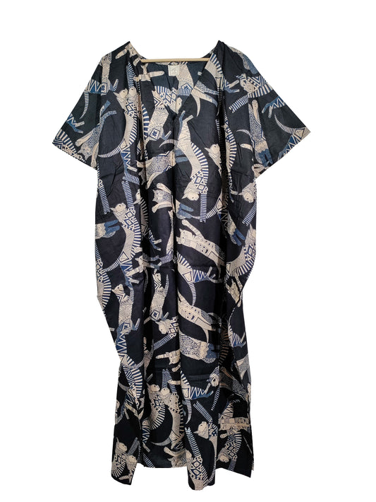 Handicraft Trend Egyptian Cat Print Beach Dress 100% Cotton Maxi cover up Sleepwear Women Hippie Caftan Dress