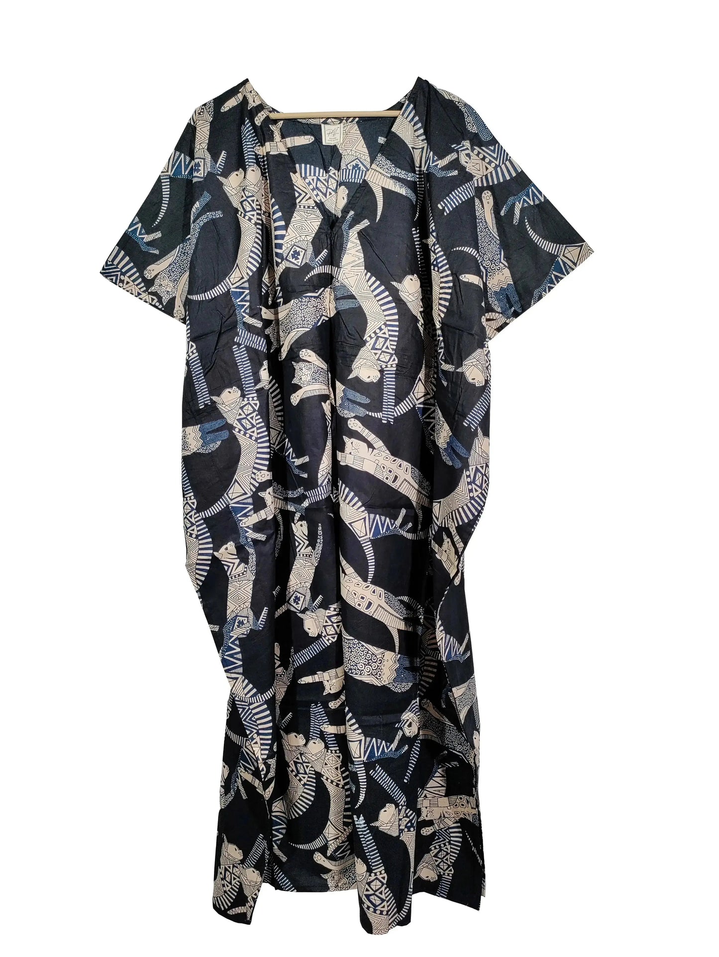 Handicraft Trend Egyptian Cat Print Beach Dress 100% Cotton Maxi cover up Sleepwear Women Hippie Caftan Dress - Handicraft Trend
