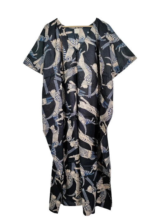 Handicraft Trend Egyptian Cat Print Beach Dress 100% Cotton Maxi cover up Sleepwear Women Hippie Caftan Dress - Handicraft Trend