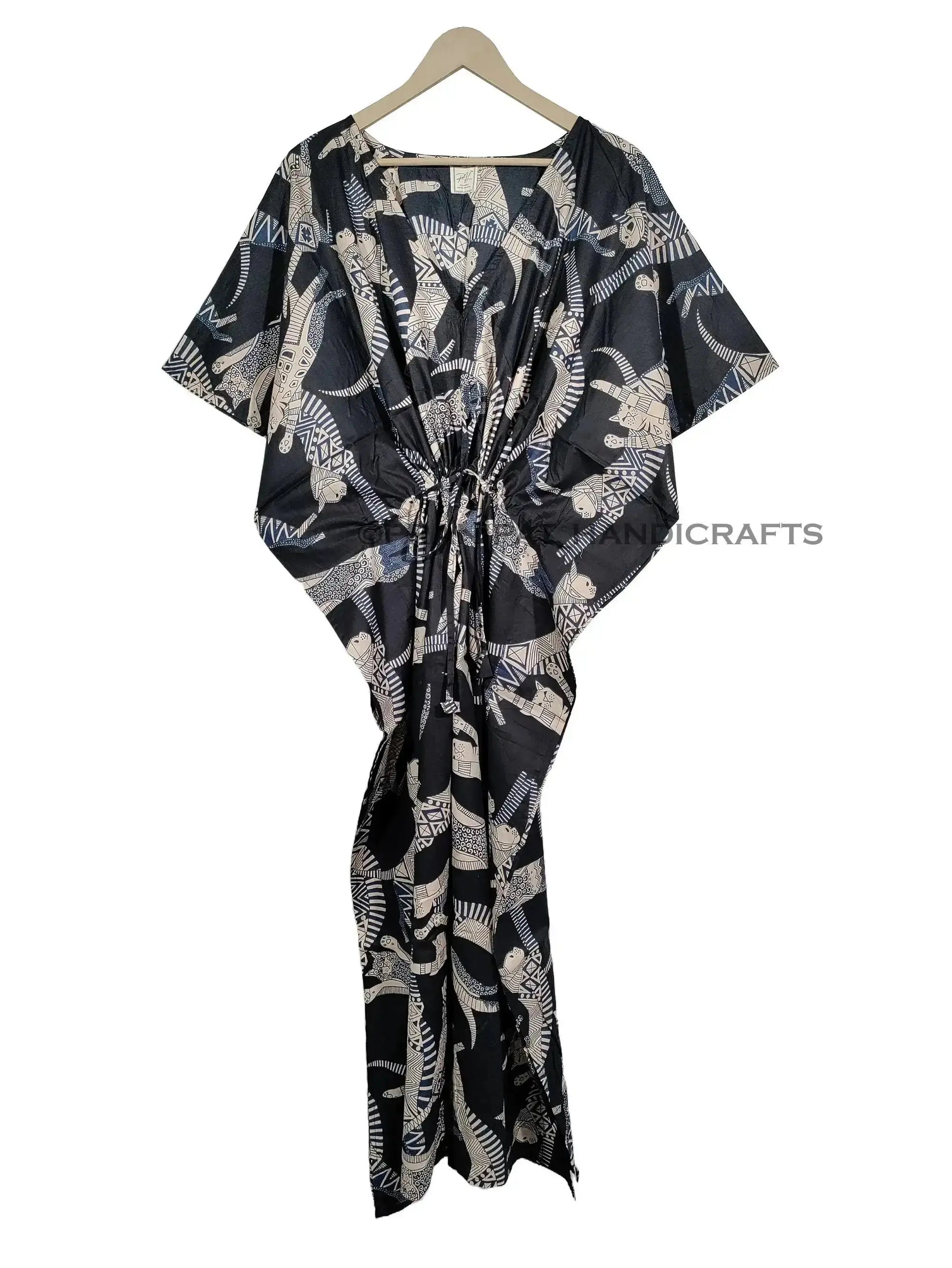 Handicraft Trend Egyptian Cat Print Beach Dress 100% Cotton Maxi cover up Sleepwear Women Hippie Caftan Dress - Handicraft Trend
