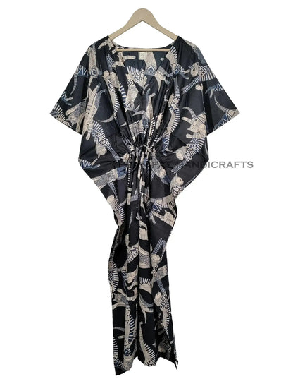 Handicraft Trend Egyptian Cat Print Beach Dress 100% Cotton Maxi cover up Sleepwear Women Hippie Caftan Dress - Handicraft Trend