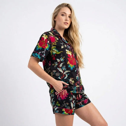 Black Lightweight Floral Print Women Pajama Short Set Premium Cotton Comfort Handicraft Trend