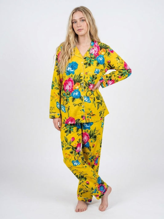 Handicraft Trend Yellow Floral Lightweight Print Pajamas Women Cotton Nightsuit