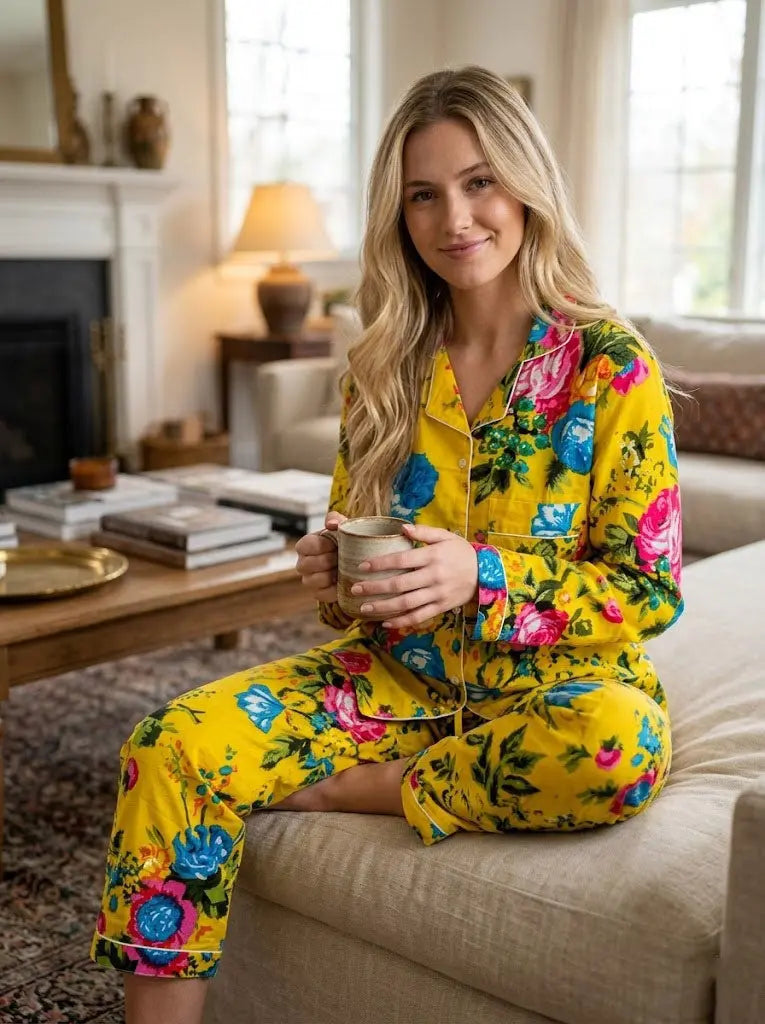 Handicraft Trend Yellow Floral Lightweight Print Pajamas Women Cotton Nightsuit Handicraft Trend