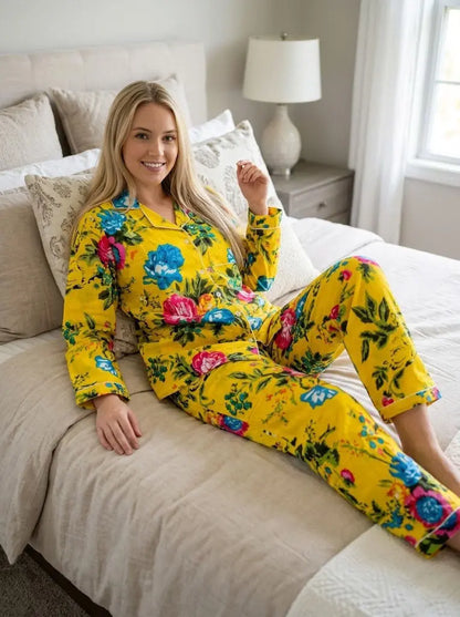 Handicraft Trend Yellow Floral Lightweight Print Pajamas Women Cotton Nightsuit Handicraft Trend