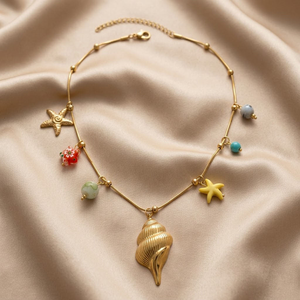 Gold Sea Charm Beach Wear Necklace Ocean Conch & Starfish Beach Jewelry