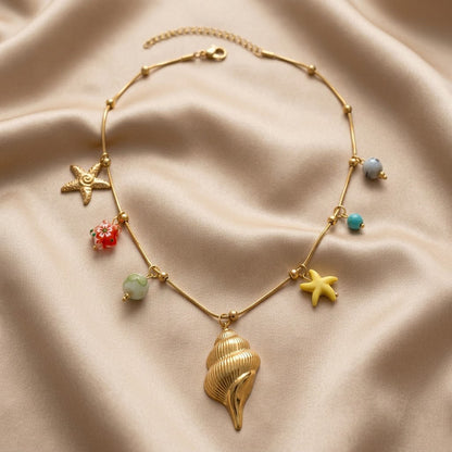 Gold Sea Charm Beach Wear Necklace Ocean Conch & Starfish Beach Jewelry