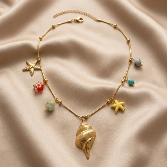Gold Sea Charm Beach Wear Necklace Ocean Conch & Starfish Beach Jewelry